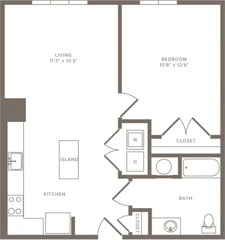 Floor plan for 1 bed, 1 bath, 783 sqft