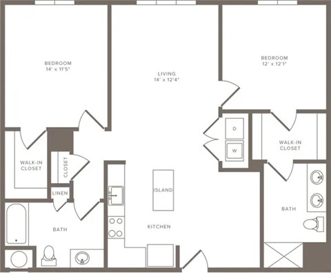 Floor plan for 2 beds, 2 baths, 1211 sqft
