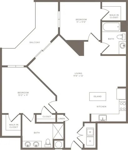 Floor plan for 2 beds, 2 baths, 1143 sqft