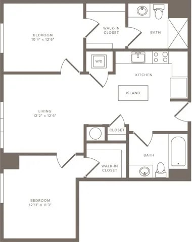 Floor plan for 2 beds, 2 baths, 951 sqft