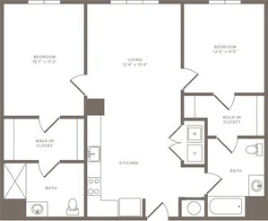 Floor plan for 2 beds, 2 baths, 1105 sqft