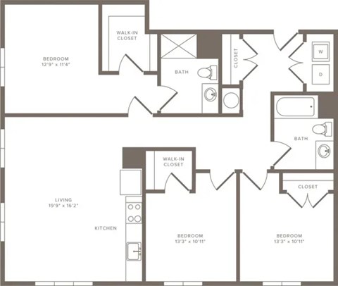 Floor plan for 3 beds, 2 baths, 1302 sqft