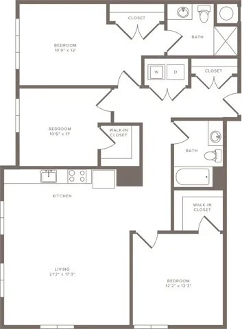 Floor plan for 3 beds, 2 baths, 1366 sqft