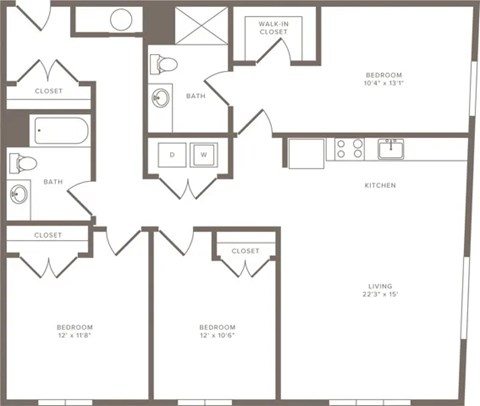 Floor plan for 3 beds, 2 baths, 1361 sqft