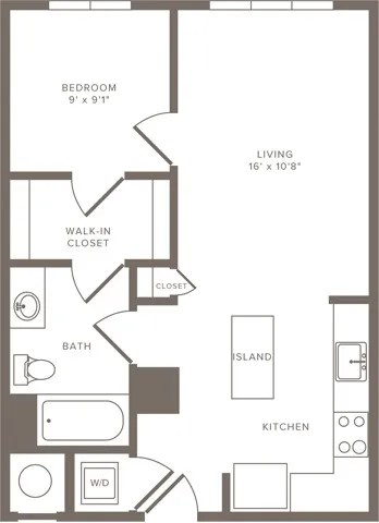 Floor plan for studio, 1 bath, 609 sqft