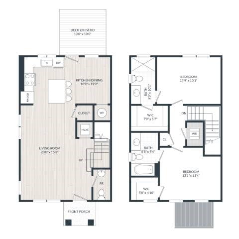 Floor plan for 2 beds, 2.5 baths, 1296 sqft