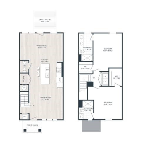 Floor plan for 2 beds, 2.5 baths, 1620 sqft