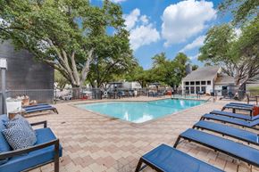 Austin apartment for rent - A pool surrounded by trees and lounge chairs.