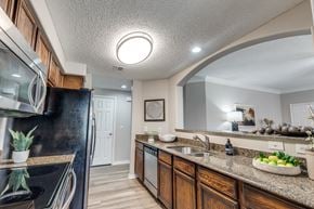 Houston apartment for rent - A kitchen with a black refrigerator and wooden cabinets.