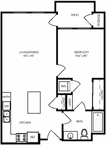 Floor plan for 1 bed, 1 bath, 758 sqft