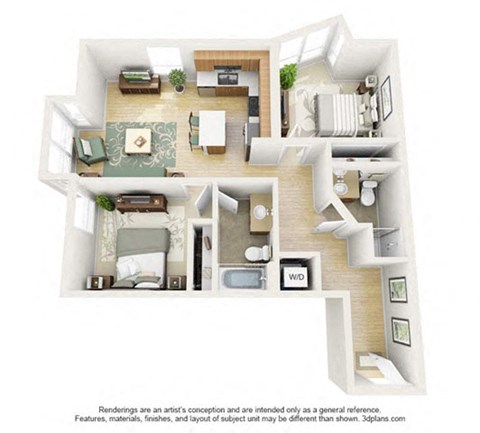 Floor plan for 2 beds, 1 bath, 952 sqft