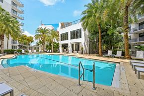 West Palm Beach apartment for rent - A swimming pool surrounded by palm trees and lounge chairs.