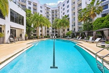 West Palm Beach apartment for rent - A large swimming pool in a residential area with palm trees.