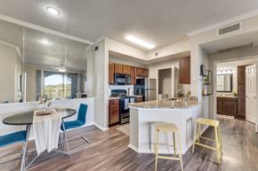 Austin apartment for rent - a kitchen with a breakfast bar and a table with chairs