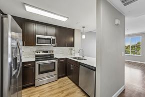 Walnut Creek apartment for rent - A modern kitchen with stainless steel appliances and wooden cabinets.