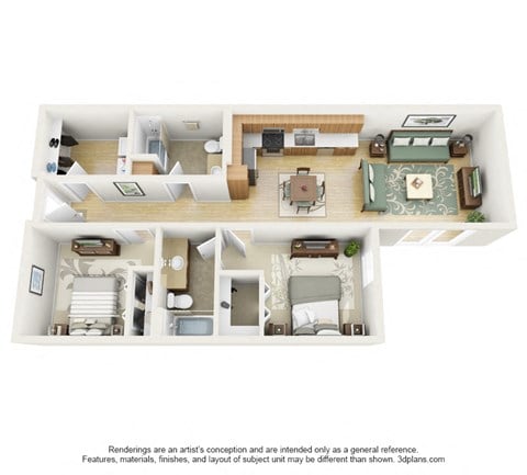 Floor plan for 1 bed, 1 bath, 1050 sqft