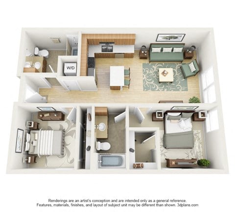 Floor plan for 2 beds, 1 bath, 921 sqft