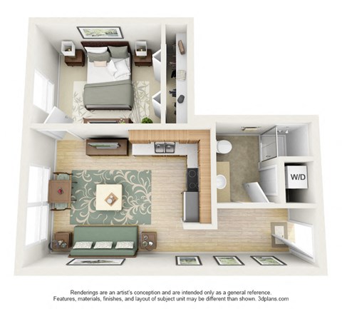 Floor plan for 1 bed, 1 bath, 544 sqft