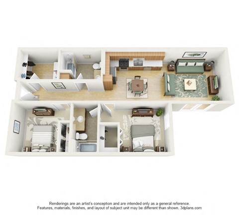 Floor plan for 2 beds, 2 baths, 1069 sqft
