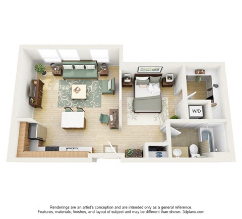Floor plan for 1 bed, 1 bath, 760 sqft