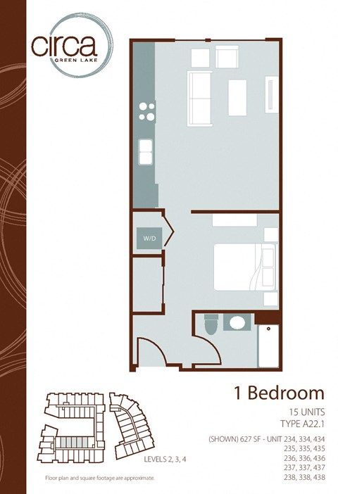 Floor plan for 1 bed, 1 bath, 633 sqft