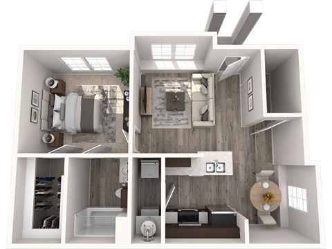 Floor plan for 1 bed, 1 bath, 688 sqft