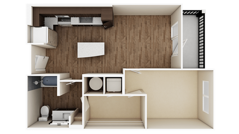 Floor plan for 1 bed, 1 bath, 652 sqft