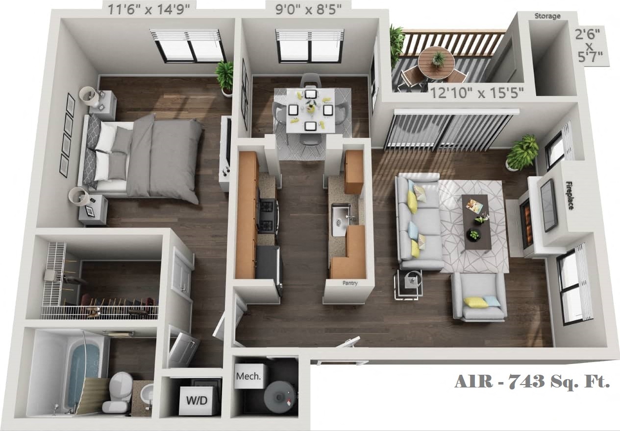 Floor plan for 1 bed, 1 bath, 743 sqft
