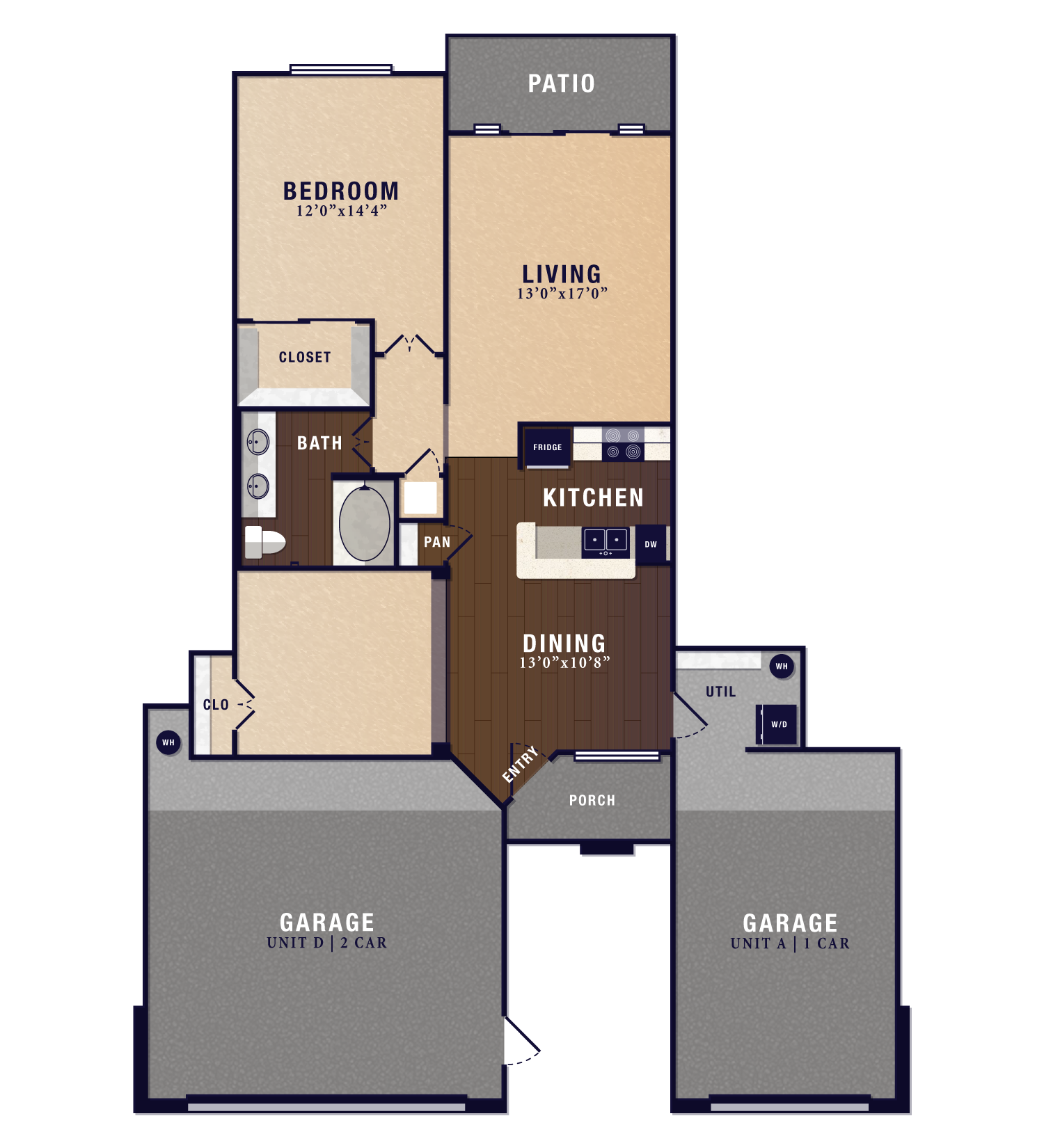 Floor plan for 1 bed, 1 bath, 1035 sqft