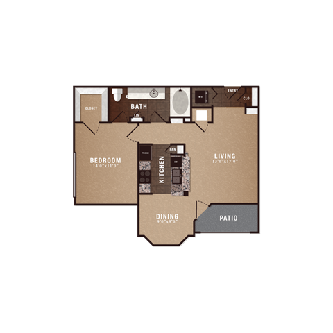 Floor plan for 1 bed, 1 bath, 768 sqft