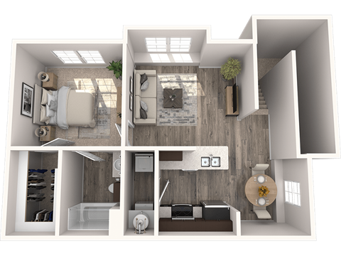 Floor plan for 1 bed, 1 bath, 733 sqft