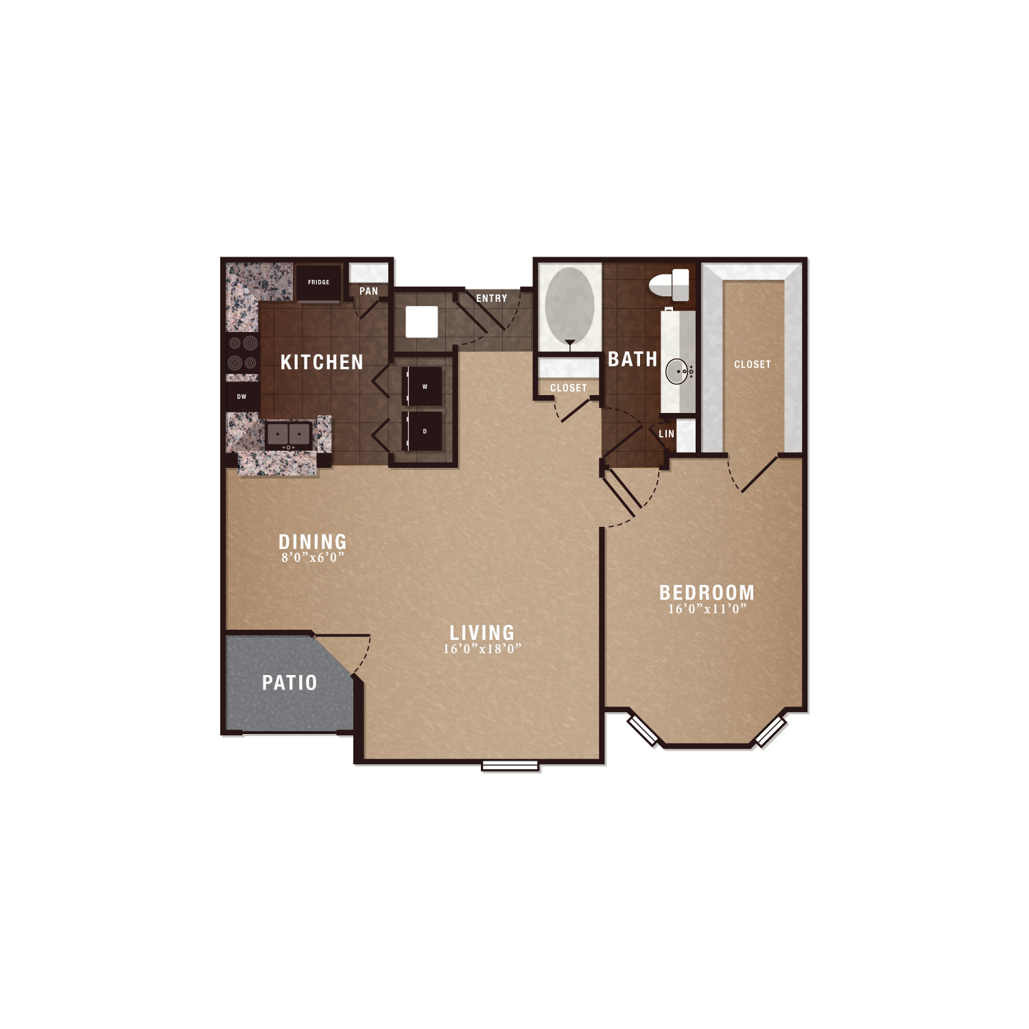 Floor plan for 1 bed, 1 bath, 822 sqft