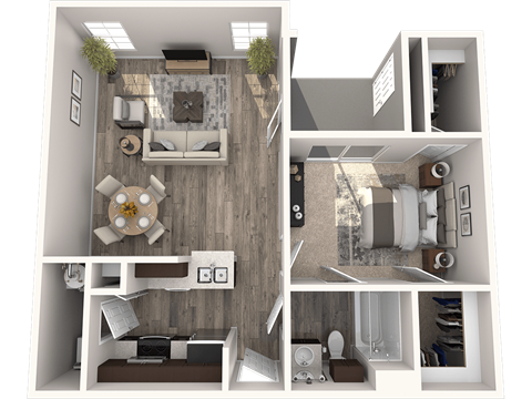 Floor plan for 1 bed, 1 bath, 742 sqft