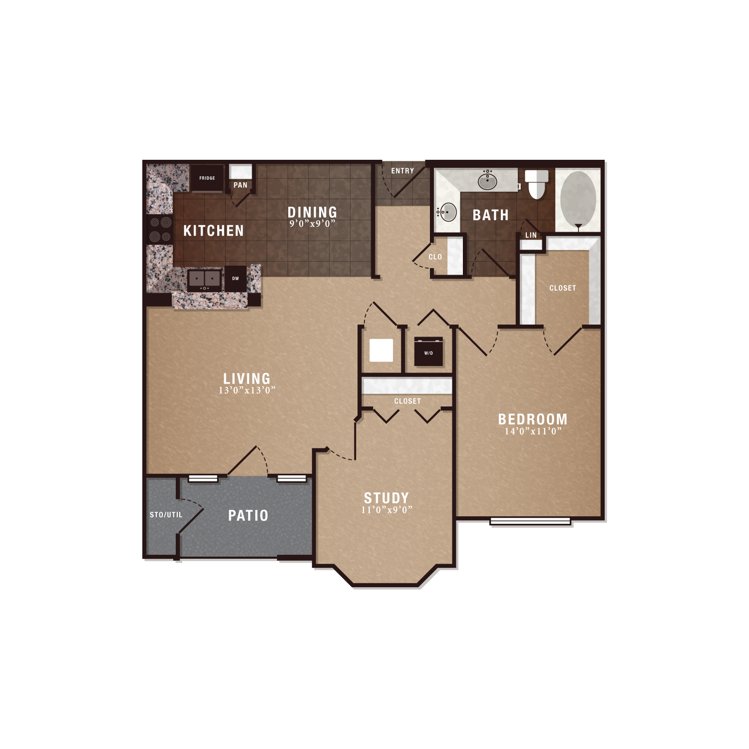 Floor plan for 1 bed, 1 bath, 943 sqft
