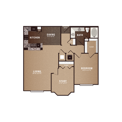 Floor plan for 1 bed, 1 bath, 1041 sqft