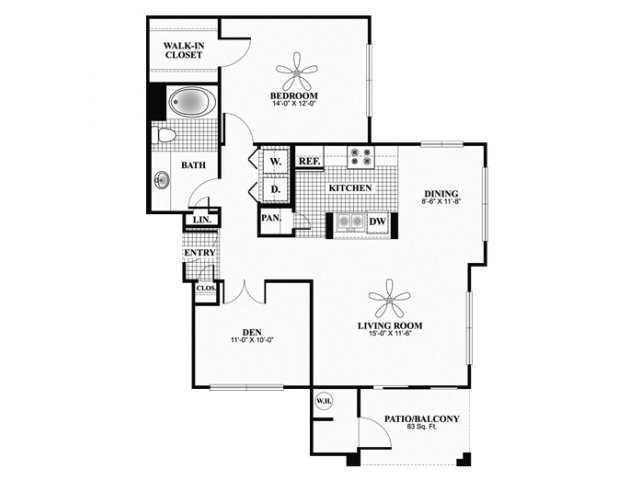 Floor plan for 1 bed, 1 bath, 975 sqft