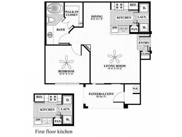 Floor plan for 1 bed, 1 bath, 715 sqft