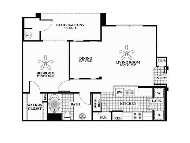 Floor plan for 1 bed, 1 bath, 820 sqft