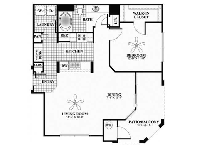Floor plan for 1 bed, 1 bath, 851 sqft