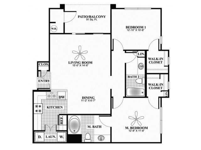 Floor plan for 2 beds, 2 baths, 1060 sqft