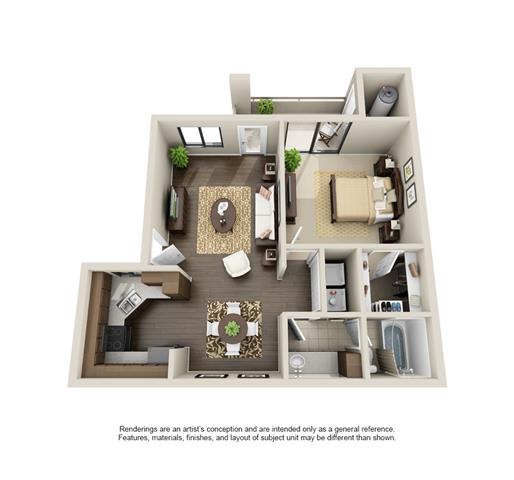Floor plan for 1 bed, 1 bath, 730 sqft