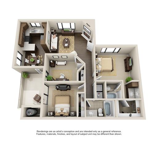 Floor plan for 3 beds, 2 baths, 1200 sqft