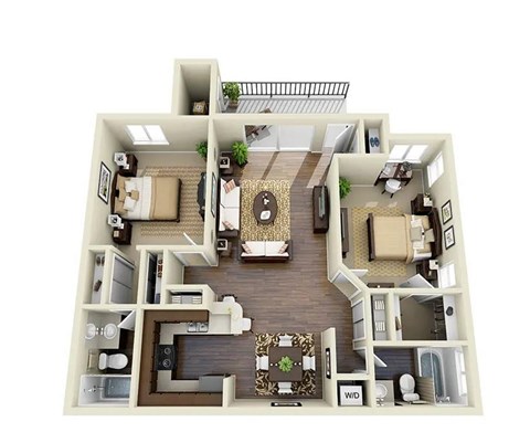 Floor plan for 2 beds, 2 baths, 952 sqft