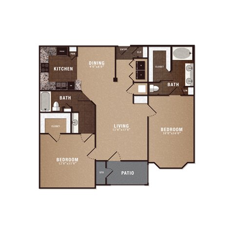 Floor plan for 2 beds, 2 baths, 1188 sqft