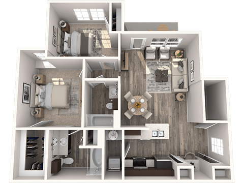 Floor plan for 2 beds, 2 baths, 973 sqft