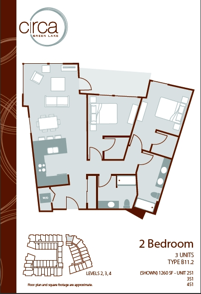 Floor plan for 2 beds, 2 baths, 1260 sqft