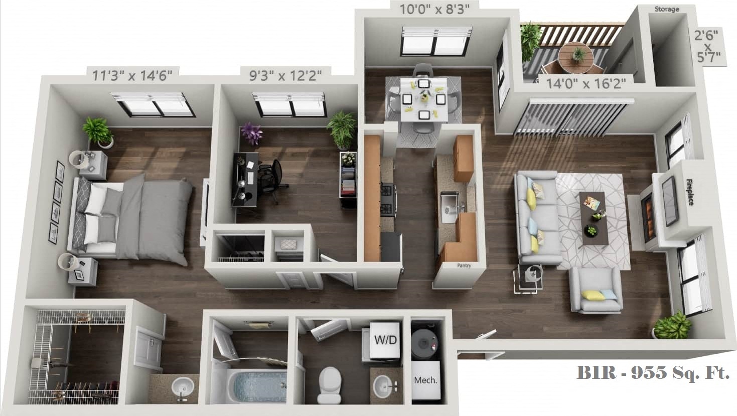 Floor plan for 2 beds, 1 bath, 955 sqft