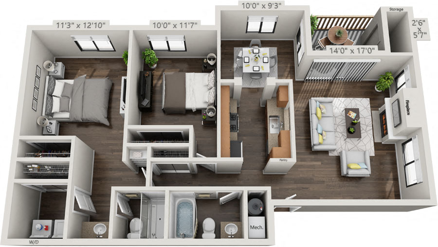Floor plan for 2 beds, 2 baths, 1045 sqft