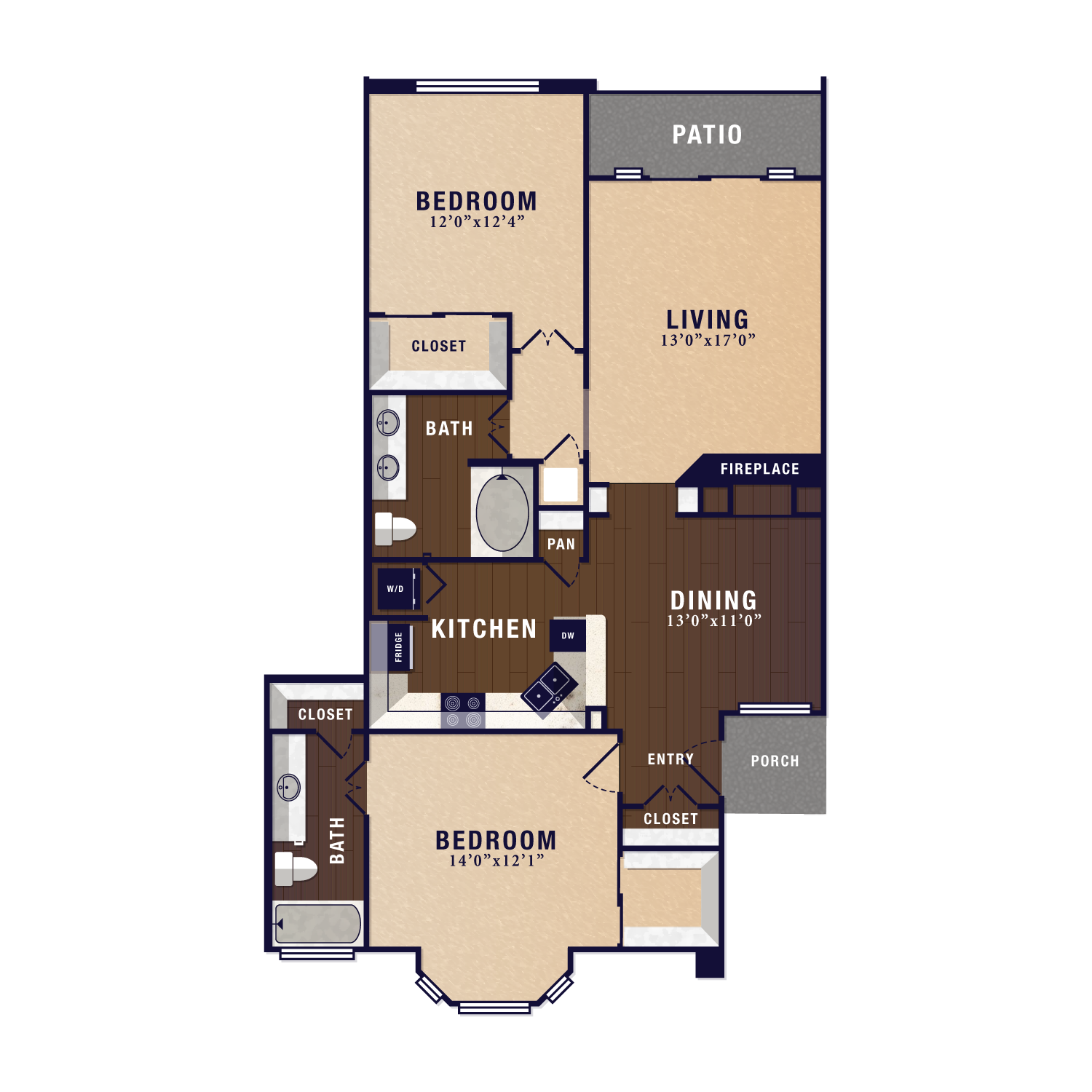 Floor plan for 2 beds, 2 baths, 1206 sqft