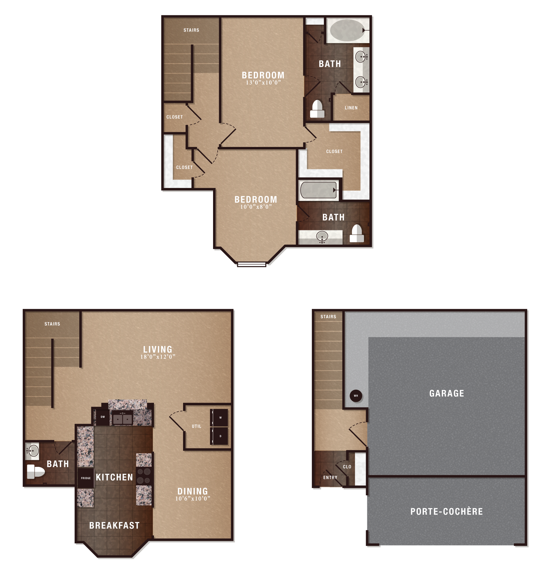 Floor plan for 2 beds, 2.5 baths, 1464 sqft